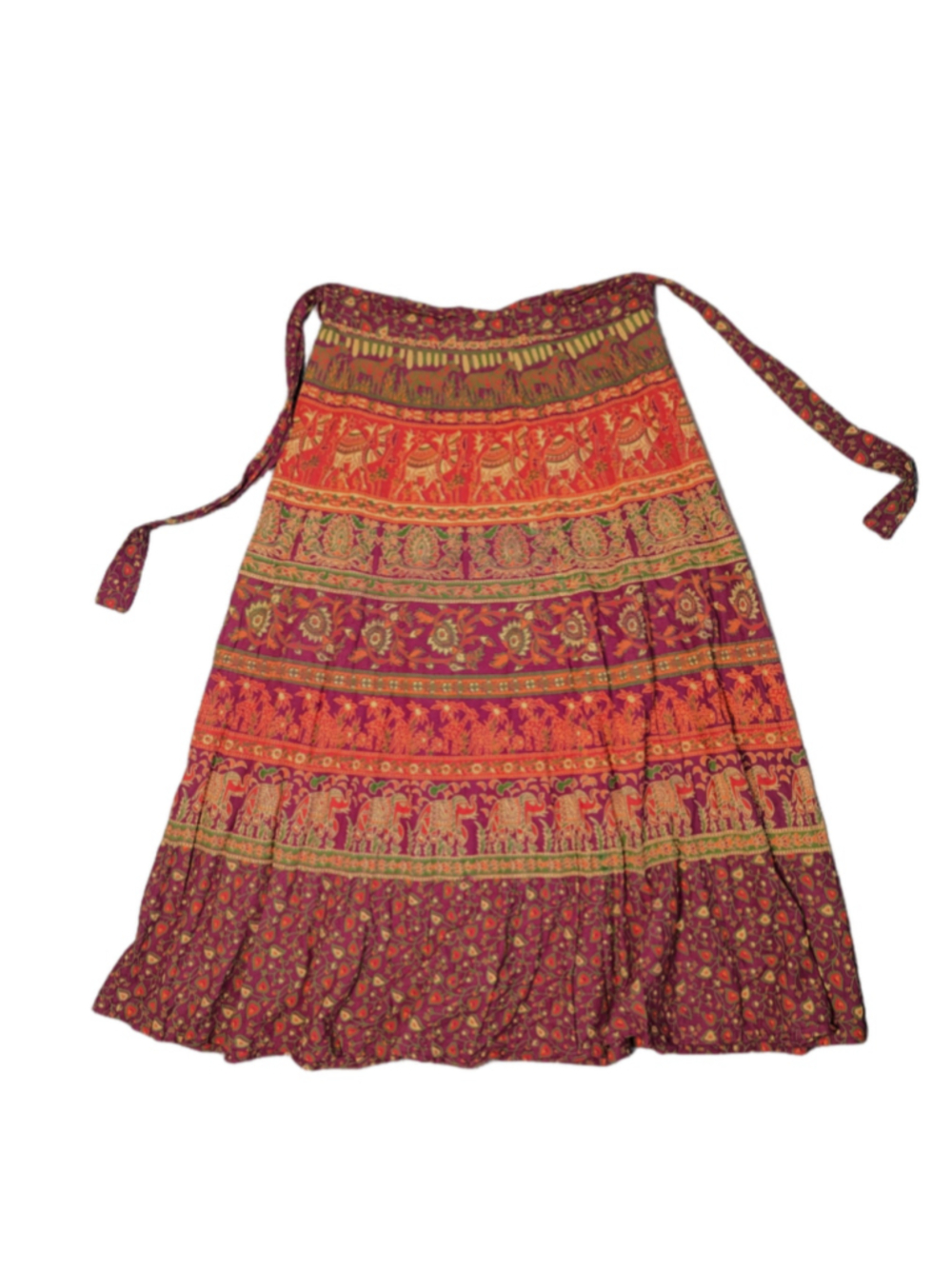 Vintage 70s Indian Cotton Elephant Print Wrap Maxi Skirt Boho Hippie L/XL
